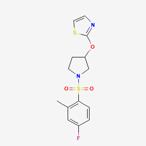 molecular formula C14H15FN2O3S2 B2461739 2-((1-((4-Fluoro-2-methylphenyl)sulfonyl)pyrrolidin-3-yl)oxy)thiazole CAS No. 2197854-86-5