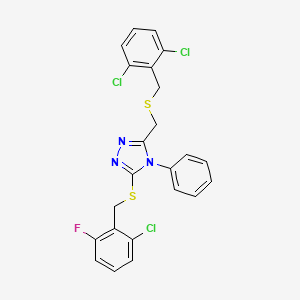molecular formula C23H17Cl3FN3S2 B2461755 3-[(2-chloro-6-fluorobenzyl)sulfanyl]-5-{[(2,6-dichlorobenzyl)sulfanyl]methyl}-4-phenyl-4H-1,2,4-triazole CAS No. 344271-21-2