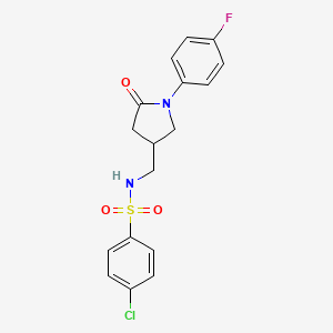 molecular formula C17H16ClFN2O3S B2461933 4-chloro-N-((1-(4-fluorophenyl)-5-oxopyrrolidin-3-yl)methyl)benzenesulfonamide CAS No. 954656-08-7