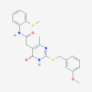 molecular formula C22H23N3O3S2 B2462092 2-(2-((3-methoxybenzyl)thio)-4-methyl-6-oxo-1,6-dihydropyrimidin-5-yl)-N-(2-(methylthio)phenyl)acetamide CAS No. 1105200-22-3