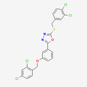 molecular formula C22H14Cl4N2O2S B2462169 2-[3-[(2,4-Dichlorophenyl)methoxy]phenyl]-5-[(3,4-dichlorophenyl)methylsulfanyl]-1,3,4-oxadiazole CAS No. 477857-15-1