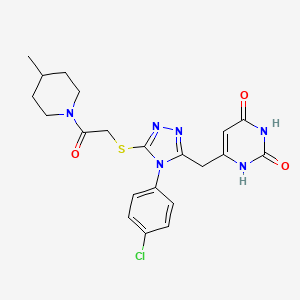 molecular formula C21H23ClN6O3S B2462176 6-((4-(4-chlorophenyl)-5-((2-(4-methylpiperidin-1-yl)-2-oxoethyl)thio)-4H-1,2,4-triazol-3-yl)methyl)pyrimidine-2,4(1H,3H)-dione CAS No. 852154-69-9
