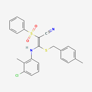 molecular formula C24H21ClN2O2S2 B2462179 (E)-3-((3-氯-2-甲苯基)氨基)-3-((4-甲基苄基)硫代)-2-(苯磺酰基)丙烯腈 CAS No. 866347-08-2