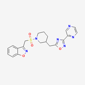 molecular formula C20H20N6O4S B2462206 3-(((3-((3-(Pyrazin-2-yl)-1,2,4-oxadiazol-5-yl)methyl)piperidin-1-yl)sulfonyl)methyl)benzo[d]isoxazole CAS No. 1706106-63-9