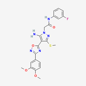 molecular formula C22H21FN6O4S B2462284 2-(5-amino-4-(3-(3,4-dimethoxyphenyl)-1,2,4-oxadiazol-5-yl)-3-(methylthio)-1H-pyrazol-1-yl)-N-(3-fluorophenyl)acetamide CAS No. 1019098-84-0