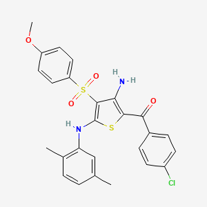molecular formula C26H23ClN2O4S2 B2462301 (3-Amino-5-((2,5-dimethylphenyl)amino)-4-((4-methoxyphenyl)sulfonyl)thiophen-2-yl)(4-chlorophenyl)methanone CAS No. 1115520-69-8