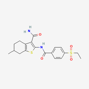 molecular formula C19H22N2O4S2 B2462321 2-(4-(Ethylsulfonyl)benzamido)-6-methyl-4,5,6,7-tetrahydrobenzo[b]thiophene-3-carboxamide CAS No. 886937-06-0