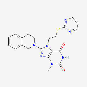 molecular formula C21H21N7O2S B2462323 8-(3,4-dihydro-1H-isoquinolin-2-yl)-3-methyl-7-(2-pyrimidin-2-ylsulfanylethyl)purine-2,6-dione CAS No. 674339-05-0