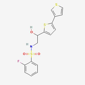 molecular formula C16H14FNO3S3 B2462370 N-(2-([2,3'-bithiophen]-5-yl)-2-hydroxyethyl)-2-fluorobenzenesulfonamide CAS No. 2194964-78-6