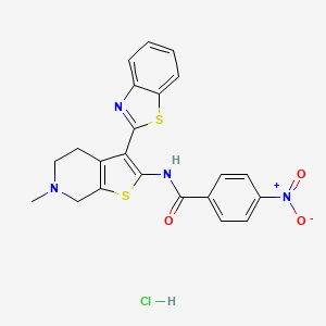 molecular formula C22H19ClN4O3S2 B2462503 N-(3-(benzo[d]thiazol-2-yl)-6-methyl-4,5,6,7-tetrahydrothieno[2,3-c]pyridin-2-yl)-4-nitrobenzamide hydrochloride CAS No. 1330330-19-2
