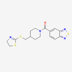 molecular formula C16H18N4OS3 B2462624 苯并[c][1,2,5]噻二唑-5-基(4-(((4,5-二氢噻唑-2-基)硫代)甲基)哌啶-1-基)甲酮 CAS No. 1396856-31-7