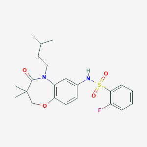 molecular formula C22H27FN2O4S B2463057 2-fluoro-N-(5-isopentyl-3,3-dimethyl-4-oxo-2,3,4,5-tetrahydrobenzo[b][1,4]oxazepin-7-yl)benzenesulfonamide CAS No. 922005-29-6