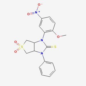 molecular formula C18H17N3O5S2 B2463130 1-(2-メトキシ-5-ニトロフェニル)-3-フェニル-2-スルファニリデン-ヘキサヒドロ-1H-5ラムダ6-チエノ[3,4-d]イミダゾール-5,5-ジオン CAS No. 946359-38-2