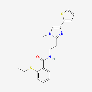 molecular formula C19H21N3OS2 B2463259 2-(ethylthio)-N-(2-(1-methyl-4-(thiophen-2-yl)-1H-imidazol-2-yl)ethyl)benzamide CAS No. 1421583-64-3