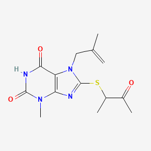 molecular formula C14H18N4O3S B2463287 3-Methyl-7-(2-methylprop-2-enyl)-8-(3-oxobutan-2-ylsulfanyl)purine-2,6-dione CAS No. 491615-02-2