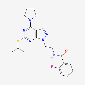 molecular formula C21H25FN6OS B2463600 2-氟基-N-(2-(6-(异丙硫基)-4-(吡咯烷-1-基)-1H-吡唑并[3,4-d]嘧啶-1-基)乙基)苯甲酰胺 CAS No. 946211-50-3