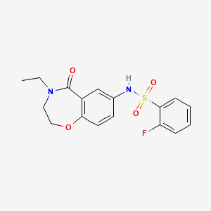 molecular formula C17H17FN2O4S B2463647 N-(4-乙基-5-氧代-2,3,4,5-四氢苯并[f][1,4]恶二嗪-7-基)-2-氟苯磺酰胺 CAS No. 922007-62-3