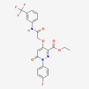 molecular formula C22H17F4N3O5 B2463690 Ethyl 1-(4-fluorophenyl)-6-oxo-4-(2-oxo-2-((3-(trifluoromethyl)phenyl)amino)ethoxy)-1,6-dihydropyridazine-3-carboxylate CAS No. 899729-54-5