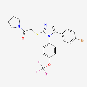 molecular formula C22H19BrF3N3O2S B2463751 2-((5-(4-bromophenyl)-1-(4-(trifluoromethoxy)phenyl)-1H-imidazol-2-yl)thio)-1-(pyrrolidin-1-yl)ethanone CAS No. 1226451-60-0
