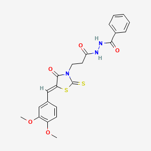 (Z)-N'-(3-(5-(3,4-dimethoxybenzylidene)-4-oxo-2-thioxothiazolidin-3-yl)propanoyl)benzohydrazide
