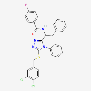 molecular formula C30H23Cl2FN4OS B2463847 N-(1-{5-[(3,4-dichlorobenzyl)sulfanyl]-4-phenyl-4H-1,2,4-triazol-3-yl}-2-phenylethyl)-4-fluorobenzenecarboxamide CAS No. 478066-94-3