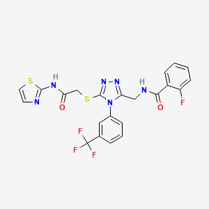 molecular formula C22H16F4N6O2S2 B2463896 2-fluoro-N-((5-((2-oxo-2-(thiazol-2-ylamino)ethyl)thio)-4-(3-(trifluoromethyl)phenyl)-4H-1,2,4-triazol-3-yl)methyl)benzamide CAS No. 391899-59-5