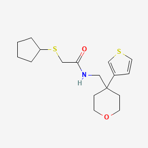 molecular formula C17H25NO2S2 B2463917 2-Cyclopentylsulfanyl-N-[(4-thiophen-3-yloxan-4-yl)methyl]acetamide CAS No. 2415629-57-9