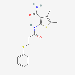 molecular formula C16H18N2O2S2 B2463943 4,5-Dimethyl-2-(3-(phenylthio)propanamido)thiophene-3-carboxamide CAS No. 896311-05-0