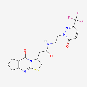 molecular formula C18H18F3N5O3S B2463994 2-(2-Oxo-10-thia-1,8-diazatricyclo[7.3.0.03,7]dodeca-3(7),8-dien-12-yl)-N-[2-[6-oxo-3-(trifluoromethyl)pyridazin-1-yl]ethyl]acetamide CAS No. 2415516-94-6
