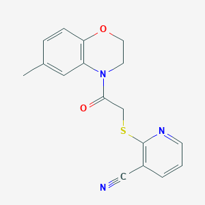 molecular formula C17H15N3O2S B2464001 2-((2-(6-methyl-2H-benzo[b][1,4]oxazin-4(3H)-yl)-2-oxoethyl)thio)nicotinonitrile CAS No. 1421516-84-8