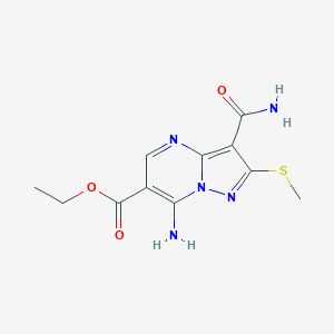 molecular formula C11H13N5O3S B246406 Ethyl 7-amino-3-carbamoyl-2-methylsulfanylpyrazolo[1,5-a]pyrimidine-6-carboxylate 
