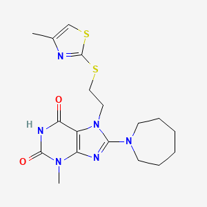 molecular formula C18H24N6O2S2 B2464189 8-(azepan-1-yl)-3-methyl-7-(2-((4-methylthiazol-2-yl)thio)ethyl)-1H-purine-2,6(3H,7H)-dione CAS No. 476482-56-1
