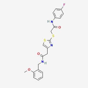 molecular formula C21H20FN3O3S2 B2464364 N-(4-fluorophenyl)-2-((4-(2-((2-methoxybenzyl)amino)-2-oxoethyl)thiazol-2-yl)thio)acetamide CAS No. 941874-17-5