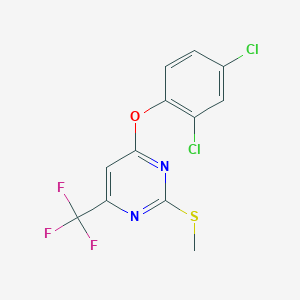 molecular formula C12H7Cl2F3N2OS B2464426 4-(2,4-Dichlorophenoxy)-2-(methylsulfanyl)-6-(trifluoromethyl)pyrimidine CAS No. 439110-61-9
