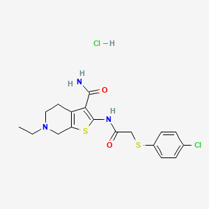 molecular formula C18H21Cl2N3O2S2 B2464445 2-(2-((4-Chlorophenyl)thio)acetamido)-6-ethyl-4,5,6,7-tetrahydrothieno[2,3-c]pyridine-3-carboxamide hydrochloride CAS No. 1330300-71-4