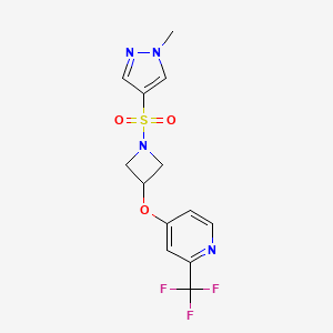 molecular formula C13H13F3N4O3S B2464480 4-[1-(1-Methylpyrazol-4-yl)sulfonylazetidin-3-yl]oxy-2-(trifluoromethyl)pyridine CAS No. 2380178-21-0