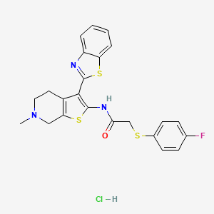 molecular formula C23H21ClFN3OS3 B2464505 盐酸N-(3-(苯并[d]噻唑-2-基)-6-甲基-4,5,6,7-四氢噻吩并[2,3-c]吡啶-2-基)-2-((4-氟苯基)硫代)乙酰胺 CAS No. 1327521-20-9