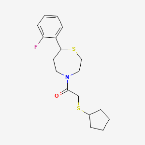 molecular formula C18H24FNOS2 B2464564 2-(Cyclopentylthio)-1-(7-(2-fluorophenyl)-1,4-thiazepan-4-yl)ethanone CAS No. 1705999-44-5