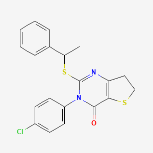 molecular formula C20H17ClN2OS2 B2464646 3-(4-Chlorophenyl)-2-(1-phenylethylsulfanyl)-6,7-dihydrothieno[3,2-d]pyrimidin-4-one CAS No. 687564-64-3