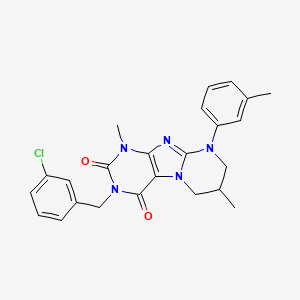 molecular formula C24H24ClN5O2 B2464651 3-[(3-Chlorophenyl)methyl]-1,7-dimethyl-9-(3-methylphenyl)-7,8-dihydro-6H-purino[7,8-a]pyrimidine-2,4-dione CAS No. 845650-66-0