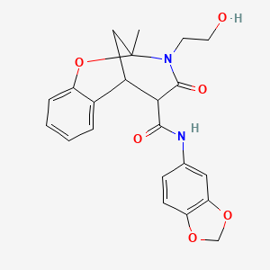 molecular formula C22H22N2O6 B2464678 N-(benzo[d][1,3]dioxol-5-yl)-3-(2-hydroxyethyl)-2-methyl-4-oxo-3,4,5,6-tetrahydro-2H-2,6-methanobenzo[g][1,3]oxazocine-5-carboxamide CAS No. 1212139-91-7