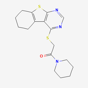 molecular formula C17H21N3OS2 B2464709 1-(Piperidin-1-yl)-2-(5,6,7,8-tetrahydro[1]benzothieno[2,3-d]pyrimidin-4-ylsulfanyl)ethanone CAS No. 315677-63-5