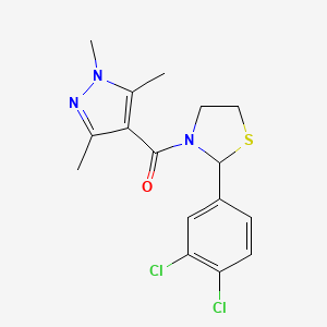 molecular formula C16H17Cl2N3OS B2464788 (2-(3,4-二氯苯基)噻唑烷-3-基)(1,3,5-三甲基-1H-吡唑-4-基)甲酮 CAS No. 2034615-12-6
