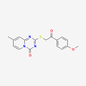 molecular formula C17H15N3O3S B2464882 2-[2-(4-甲氧基苯基)-2-氧代乙基]硫代-8-甲基吡啶并[1,2-a][1,3,5]三嗪-4-酮 CAS No. 896335-06-1