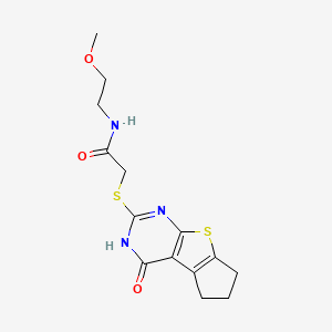 molecular formula C14H17N3O3S2 B2464896 N-(2-methoxyethyl)-2-({12-oxo-7-thia-9,11-diazatricyclo[6.4.0.0^{2,6}]dodeca-1(8),2(6),9-trien-10-yl}sulfanyl)acetamide CAS No. 433328-49-5