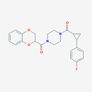 molecular formula C23H23FN2O4 B2465002 (2,3-Dihydrobenzo[b][1,4]dioxin-2-yl)(4-(2-(4-fluorophenyl)cyclopropanecarbonyl)piperazin-1-yl)methanone CAS No. 1212095-08-3