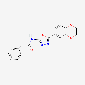 molecular formula C18H14FN3O4 B2465082 N-(5-(2,3-dihydrobenzo[b][1,4]dioxin-6-yl)-1,3,4-oxadiazol-2-yl)-2-(4-fluorophenyl)acetamide CAS No. 899731-92-1