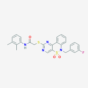 molecular formula C27H23FN4O3S2 B2465100 N-(2,3-dimethylphenyl)-2-{[6-(3-fluorobenzyl)-5,5-dioxido-6H-pyrimido[5,4-c][2,1]benzothiazin-2-yl]thio}acetamide CAS No. 932476-05-6