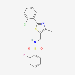 molecular formula C17H14ClFN2O2S2 B2465262 N-((2-(2-氯苯基)-4-甲基噻唑-5-基)甲基)-2-氟苯磺酰胺 CAS No. 2034358-61-5