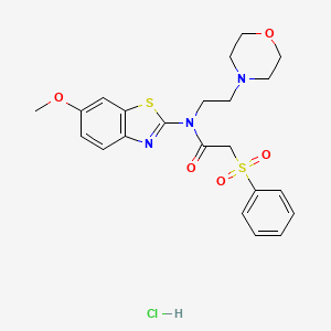 molecular formula C22H26ClN3O5S2 B2465289 盐酸N-(6-甲氧基苯并[d]噻唑-2-基)-N-(2-吗啉乙基)-2-(苯磺酰基)乙酰胺 CAS No. 1215422-08-4